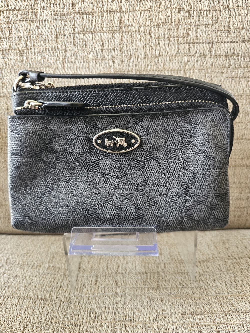 EUC Coach Black And Gray Signature double zip wristlet COA